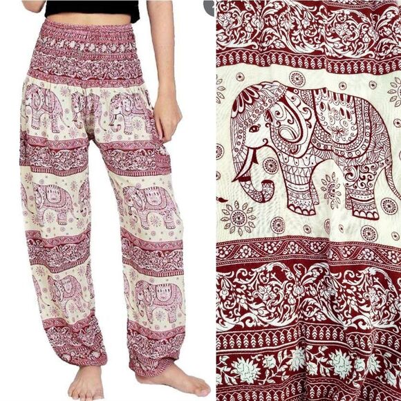 Thai Elephant Tribal Print Smock Waist Rayon Harem Pants *Fits Like Med/ Lrg - Picture 1 of 14